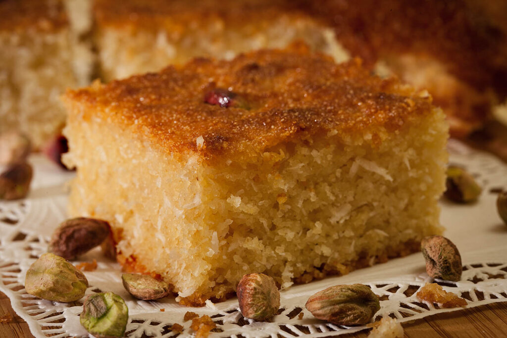 Basbousa coconut yogurt semolina cake recipe