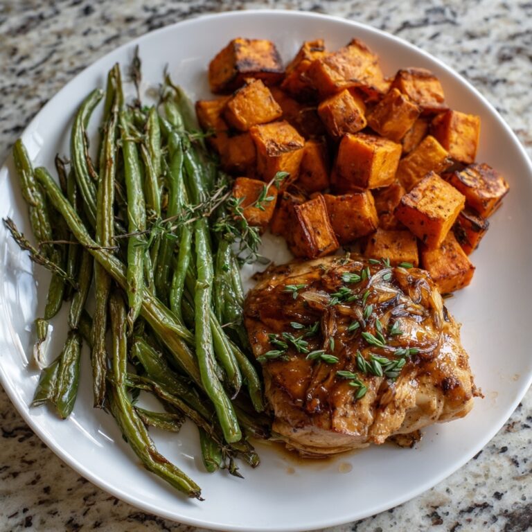 Honey Garlic Glazed Chicken with Roasted Sweet Potatoes and Green Beans Recipe