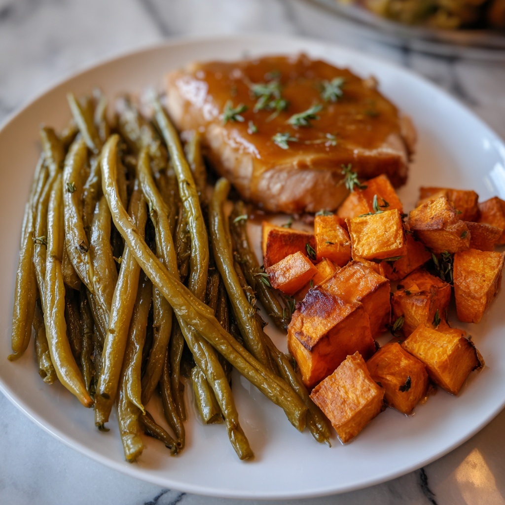 Honey Garlic Glazed Chicken with Roasted Sweet Potatoes and Green Beans Recipe - Recipe Image