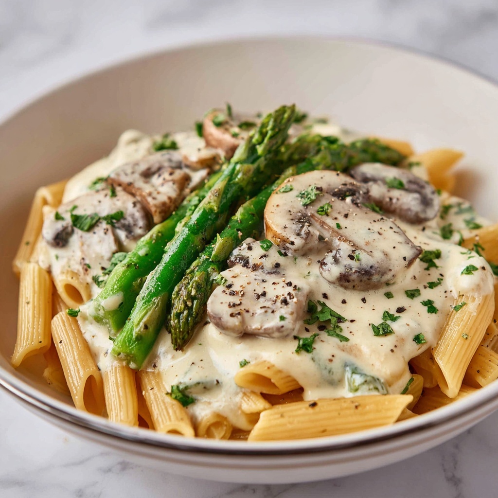 Creamy Mushroom and Asparagus Chicken Penne Recipe - Recipe Image