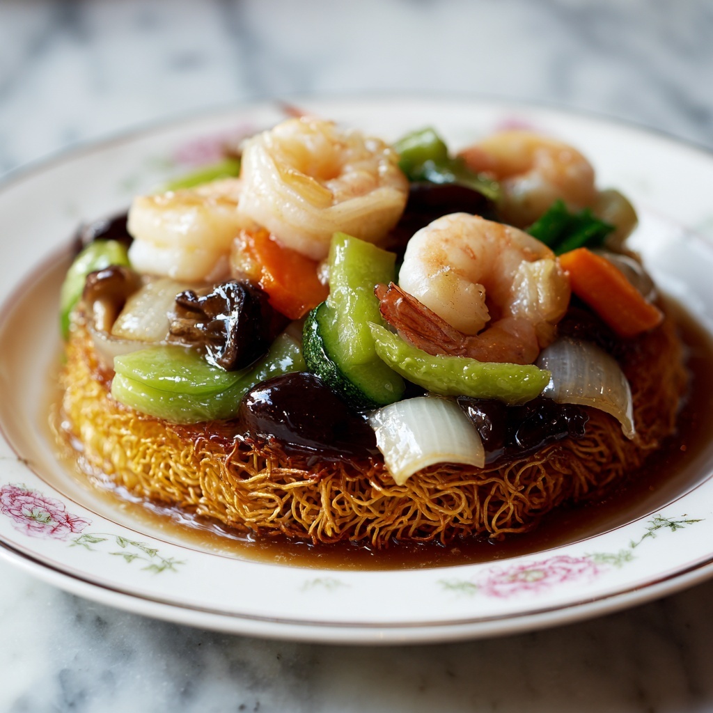 Crispy Cake Noodle Stir Fry with Shrimp and Vegetables Recipe - Recipe Image