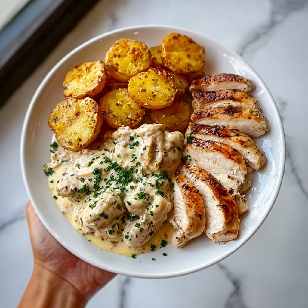 Lemon Herb Chicken Alfredo with Spicy Feta, Crispy Brussels & Parmesan Wedges Recipe - Recipe Image