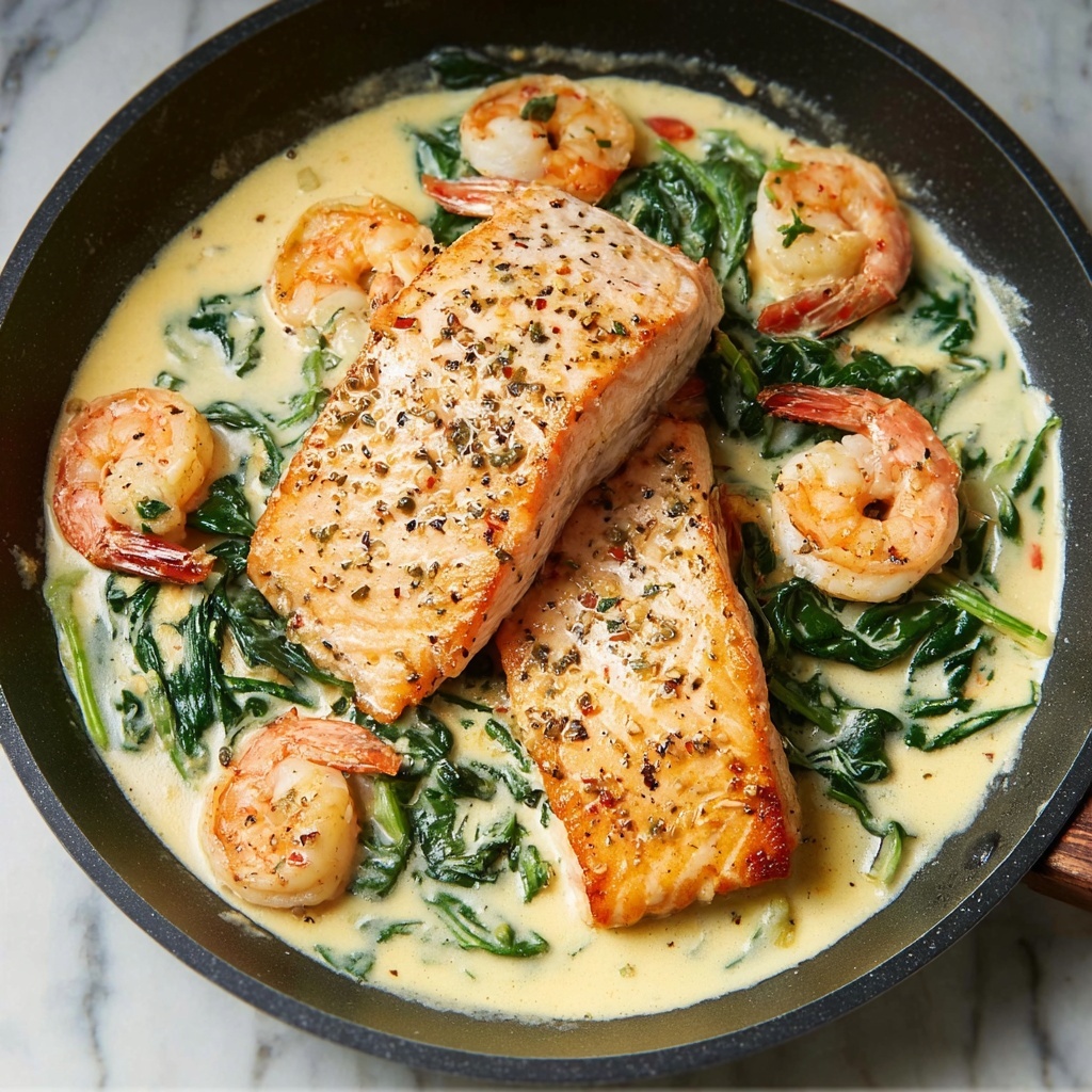 Salmon and Shrimp with Creamy Garlic Sauce Recipe - Recipe Image