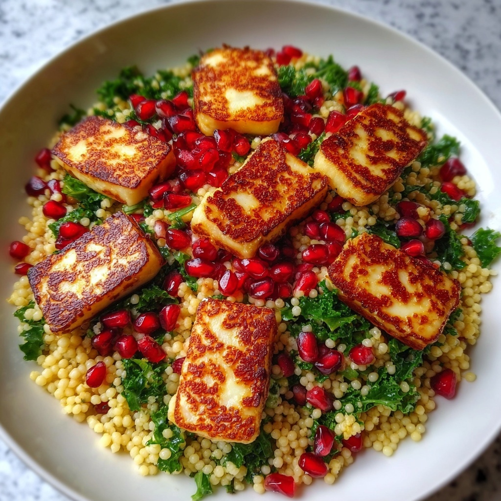 Halloumi Pomegranate Couscous Salad with Mint Lemon Dressing Recipe - Recipe Image