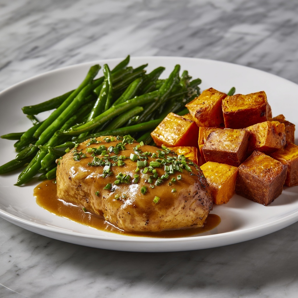 Honey Garlic Glazed Chicken with Roasted Sweet Potatoes and Green Beans Recipe - Recipe Image