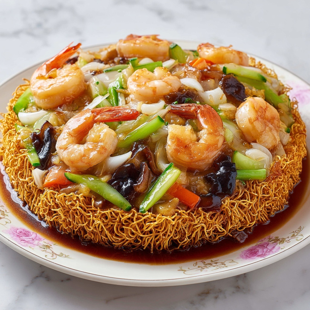 Crispy Cake Noodle Stir Fry with Shrimp and Vegetables Recipe - Recipe Image