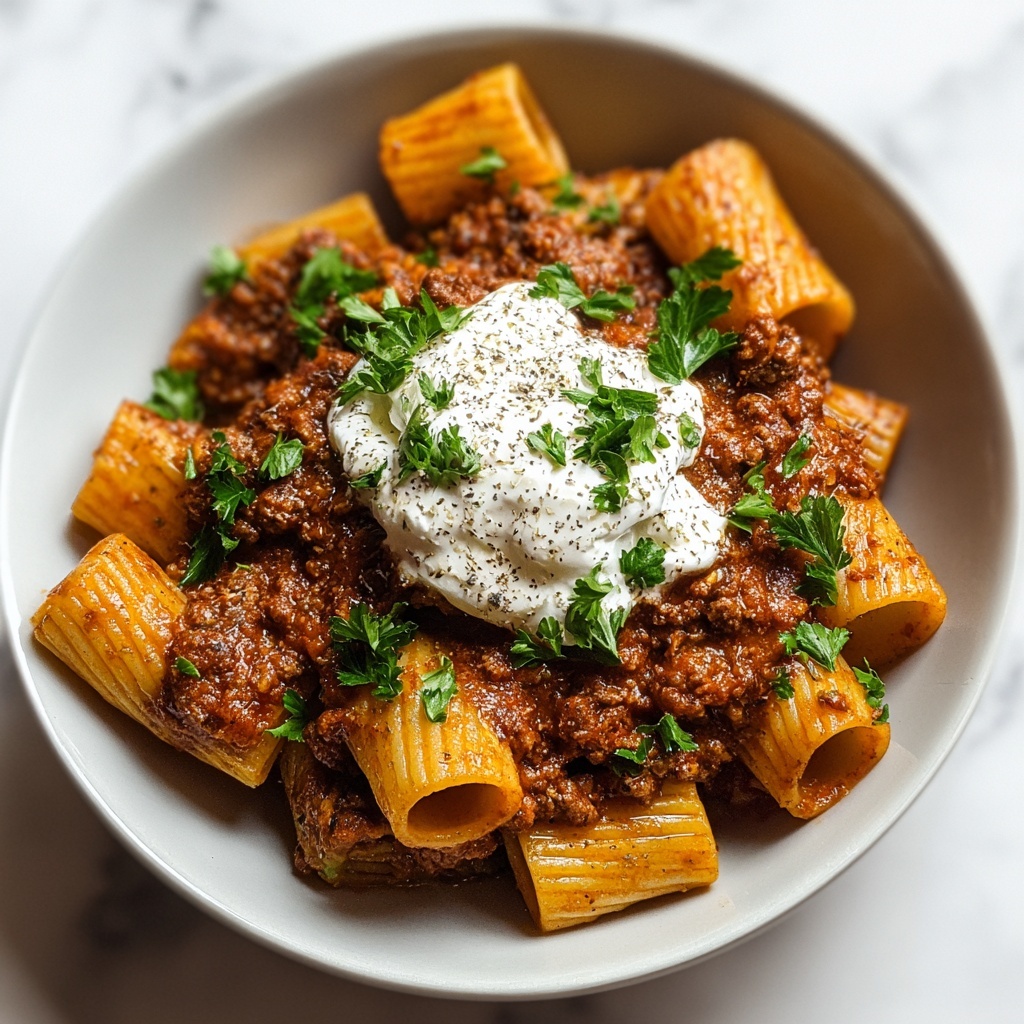 Grandma’s Meat Sauce Pasta with Burrata Recipe - Recipe Image