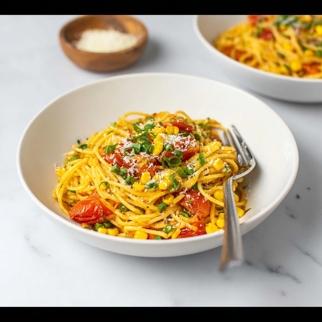 Pasta with Cherry Tomatoes, Roasted Red Peppers, and Corn Recipe - Recipe Image