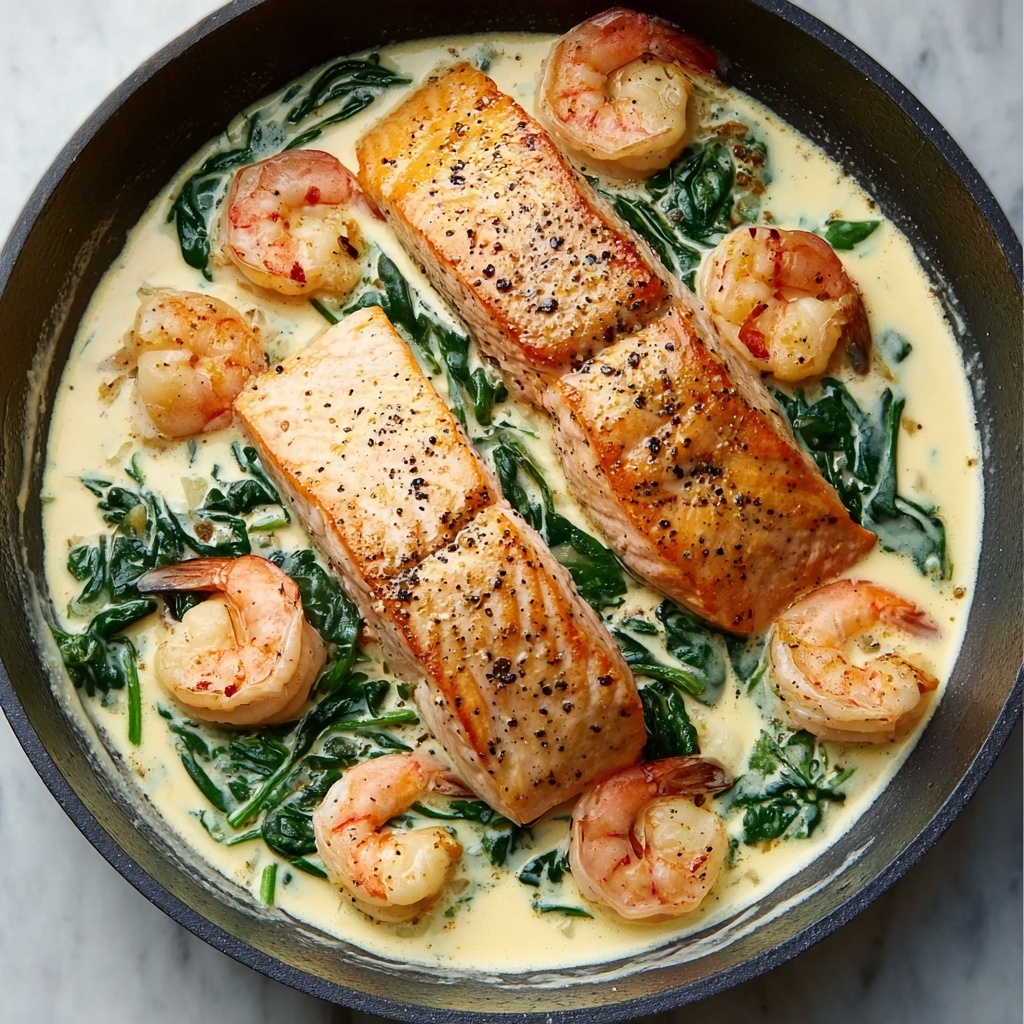 Salmon and Shrimp with Creamy Garlic Sauce Recipe - Recipe Image