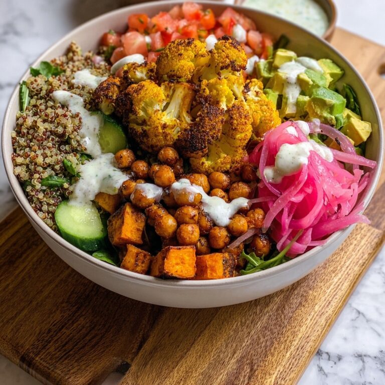Roasted Cauliflower, Sweet Potato, and Chickpea Bowl with Tzatziki and Tahini Recipe