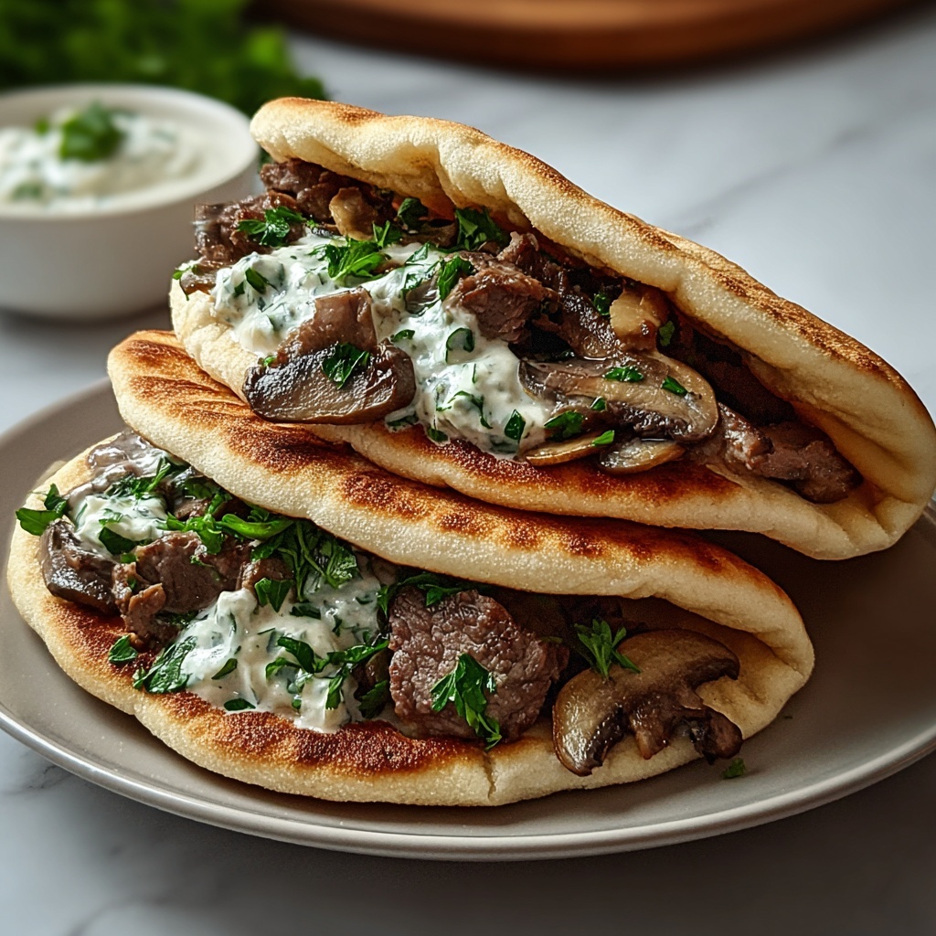 Cheesy Beef and Mushroom Pita Pockets with Tzatziki Sauce Recipe - Recipe Image