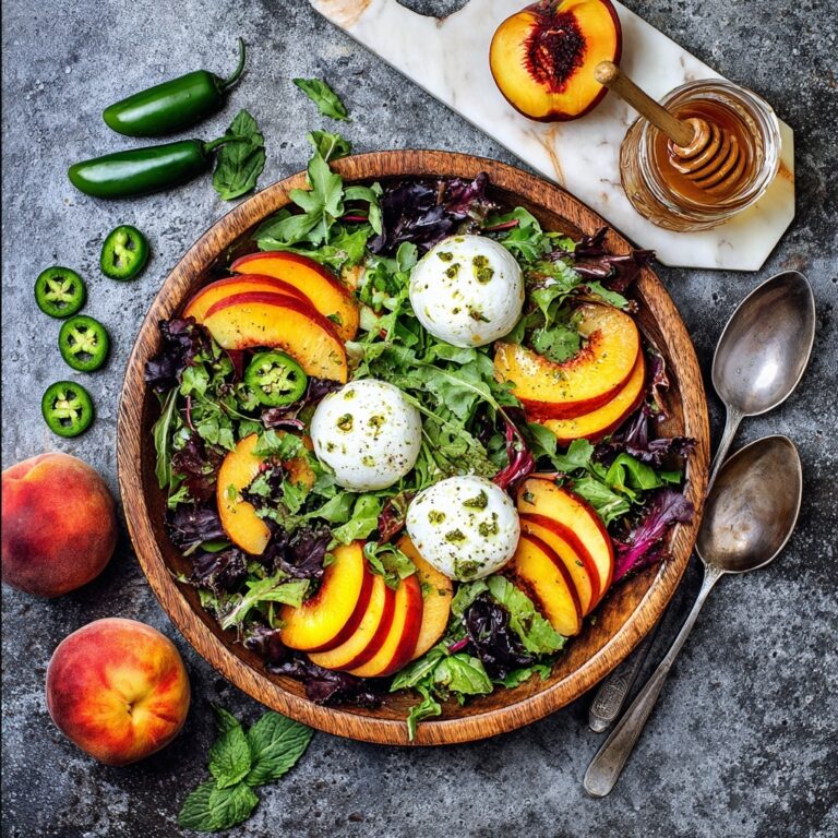 Peach and Burrata Salad with Candied Jalapenos and Honey Lime Vinaigrette Recipe