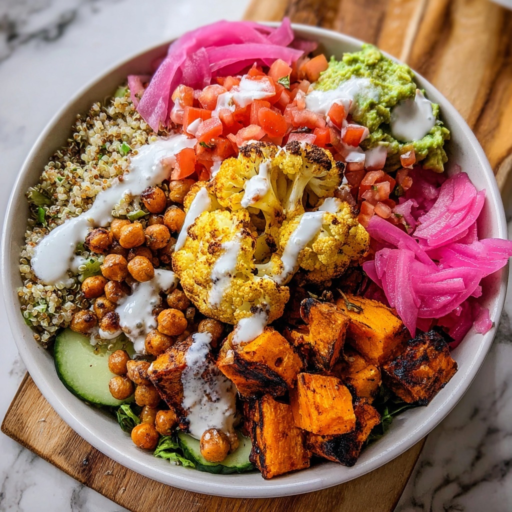 Roasted Cauliflower, Sweet Potato, and Chickpea Bowl with Tzatziki and Tahini Recipe - Recipe Image