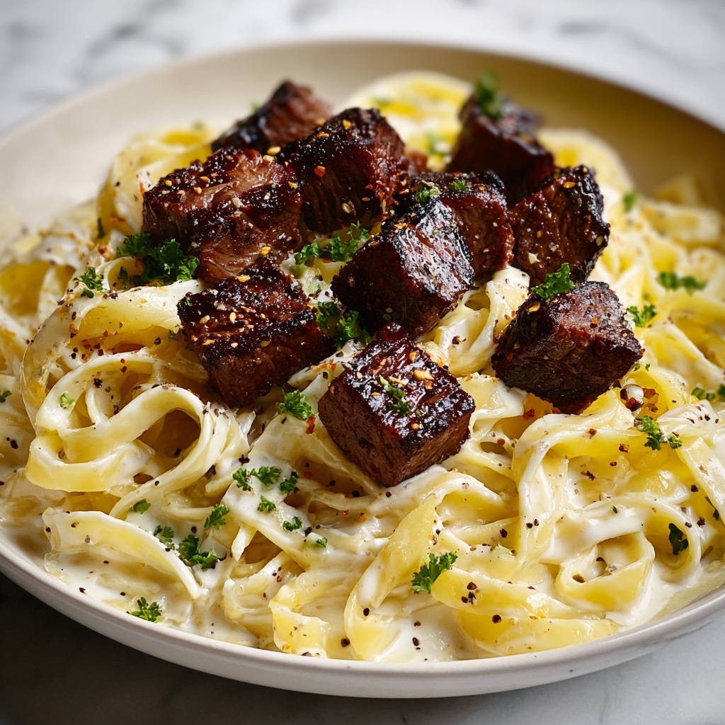 Garlic Butter Steak Bites with Creamy Parmesan Pasta Recipe - Recipe Image