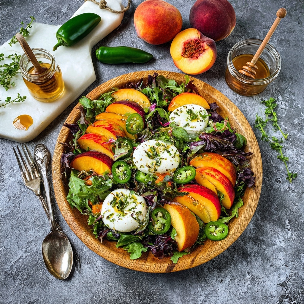 Peach and Burrata Salad with Candied Jalapenos and Honey Lime Vinaigrette Recipe - Recipe Image