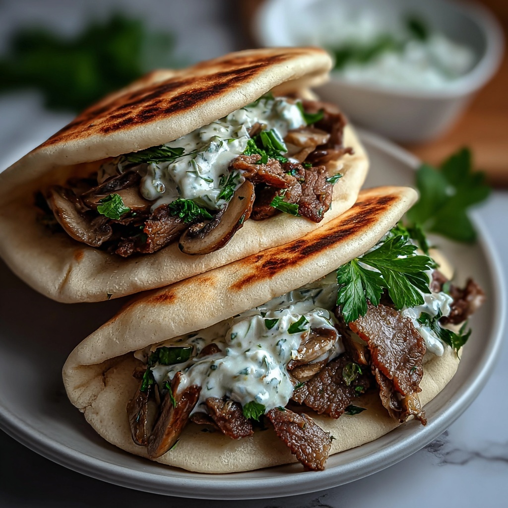 Cheesy Beef and Mushroom Pita Pockets with Tzatziki Sauce Recipe - Recipe Image