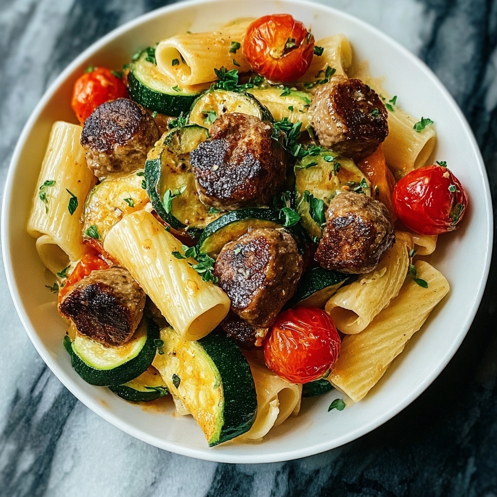 Chicken Sausages with Zucchini, Tomatoes, and Pasta Recipe - Recipe Image