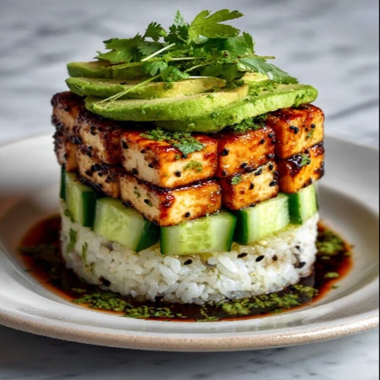 Crispy Teriyaki Tofu and Avocado Rice Stack Recipe