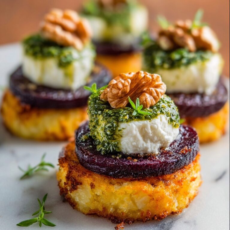 Sweet Potato Rounds with Burrata, Roasted Beets, and Walnut Sage Pesto Recipe