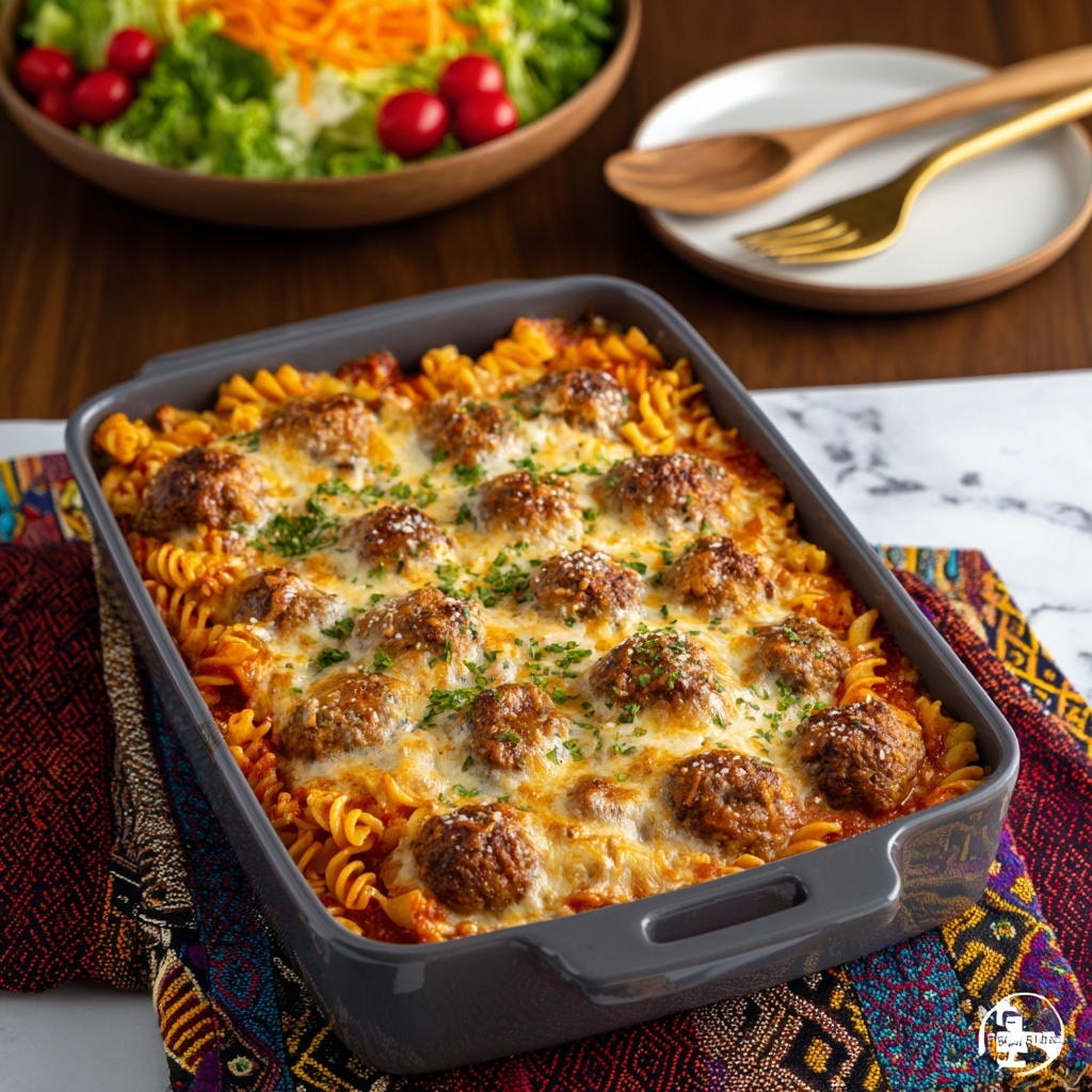 Cheesy Meatball Pasta Bake Recipe - Recipe Image