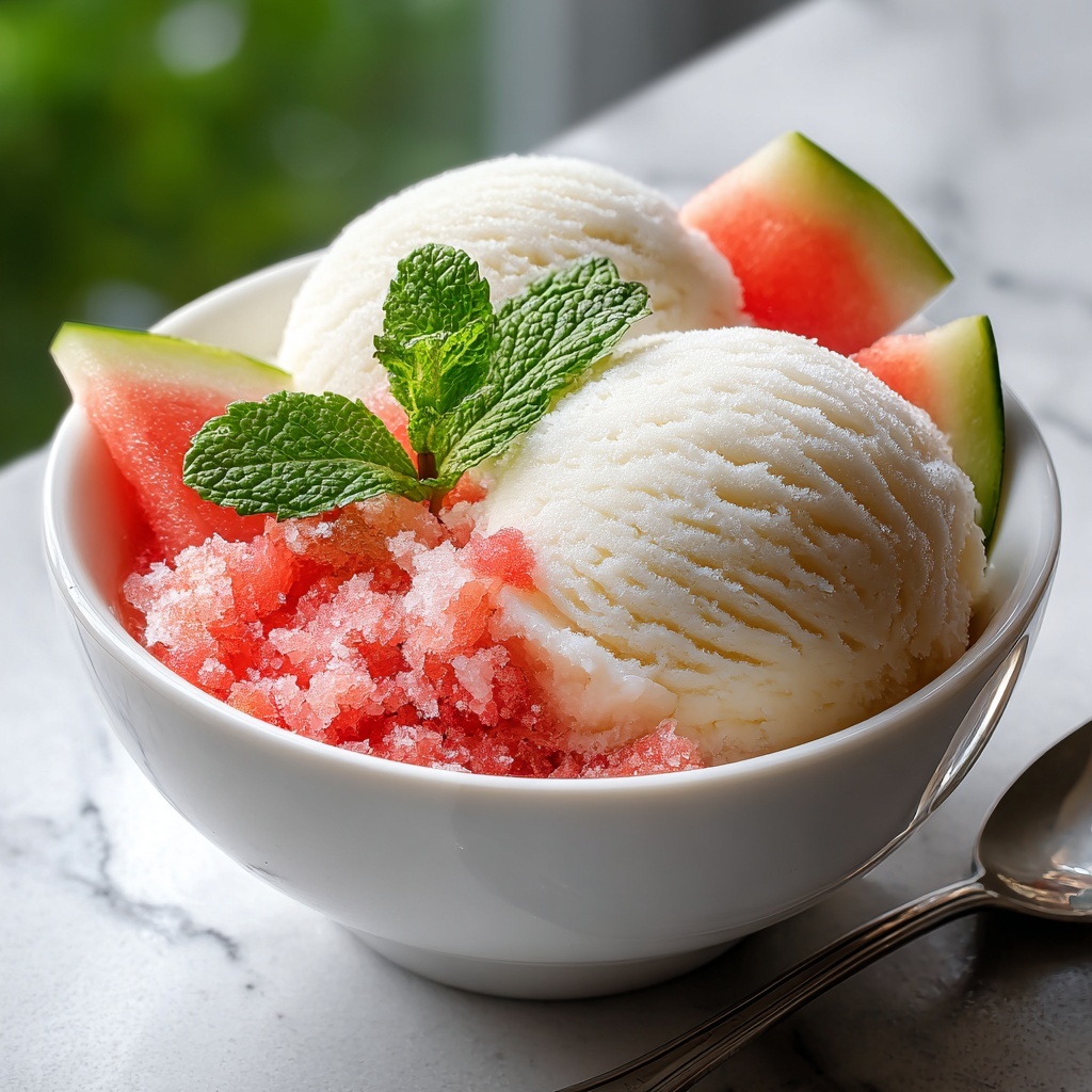 Fresh Mint Ice Cream with Salted Watermelon Granita Recipe - Recipe Image