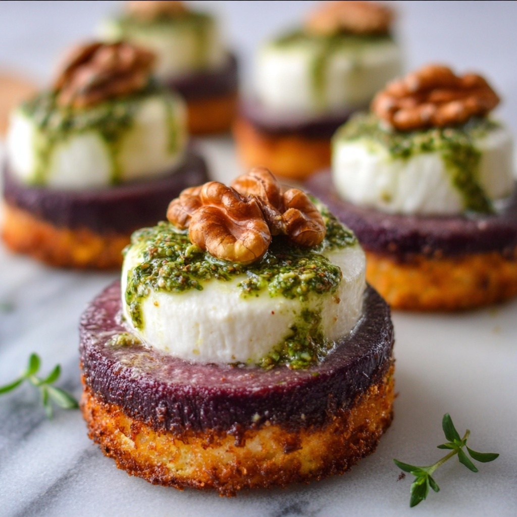 Sweet Potato Rounds with Burrata, Roasted Beets, and Walnut Sage Pesto Recipe - Recipe Image