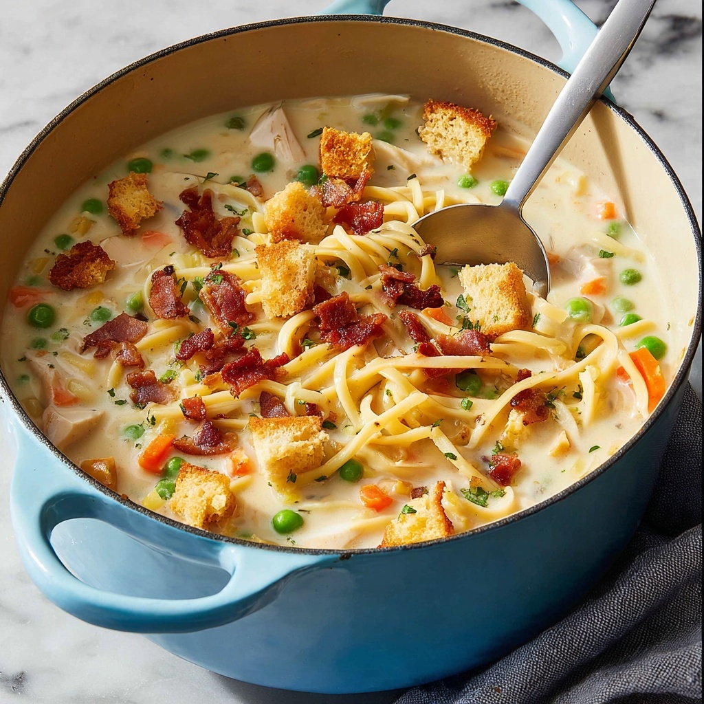 Creamy Chicken Noodle Soup with Mini Croutons Recipe - Recipe Image