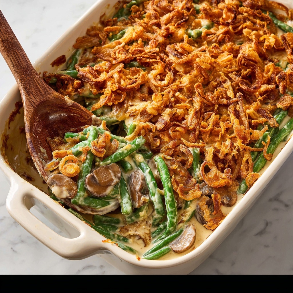 Creamy Mushroom Green Bean Casserole with Crispy Fried Onions Recipe - Recipe Image
