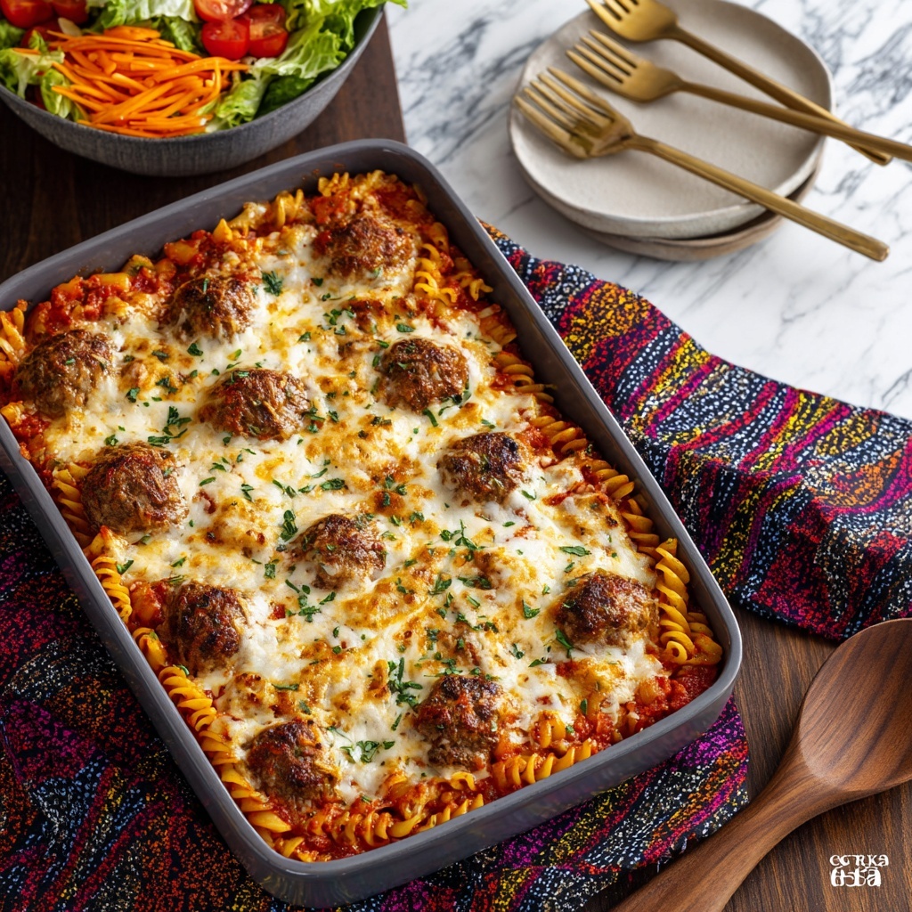 Cheesy Meatball Pasta Bake Recipe - Recipe Image