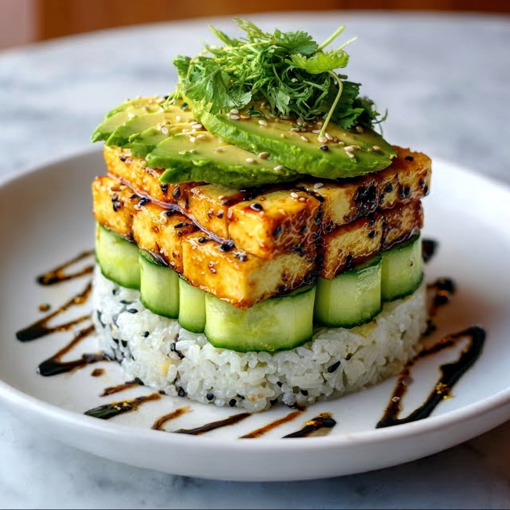 Crispy Teriyaki Tofu and Avocado Rice Stack Recipe - Recipe Image