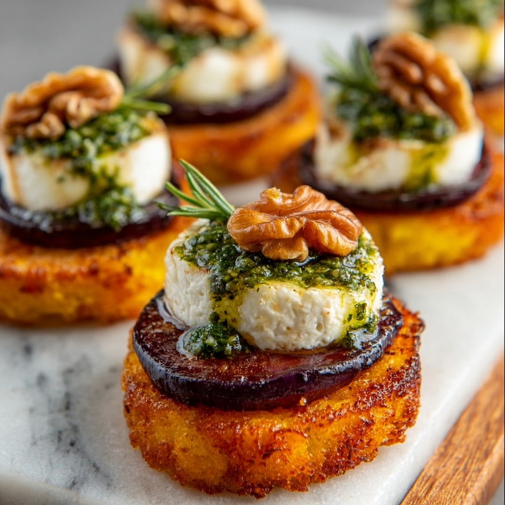Sweet Potato Rounds with Burrata, Roasted Beets, and Walnut Sage Pesto Recipe - Recipe Image