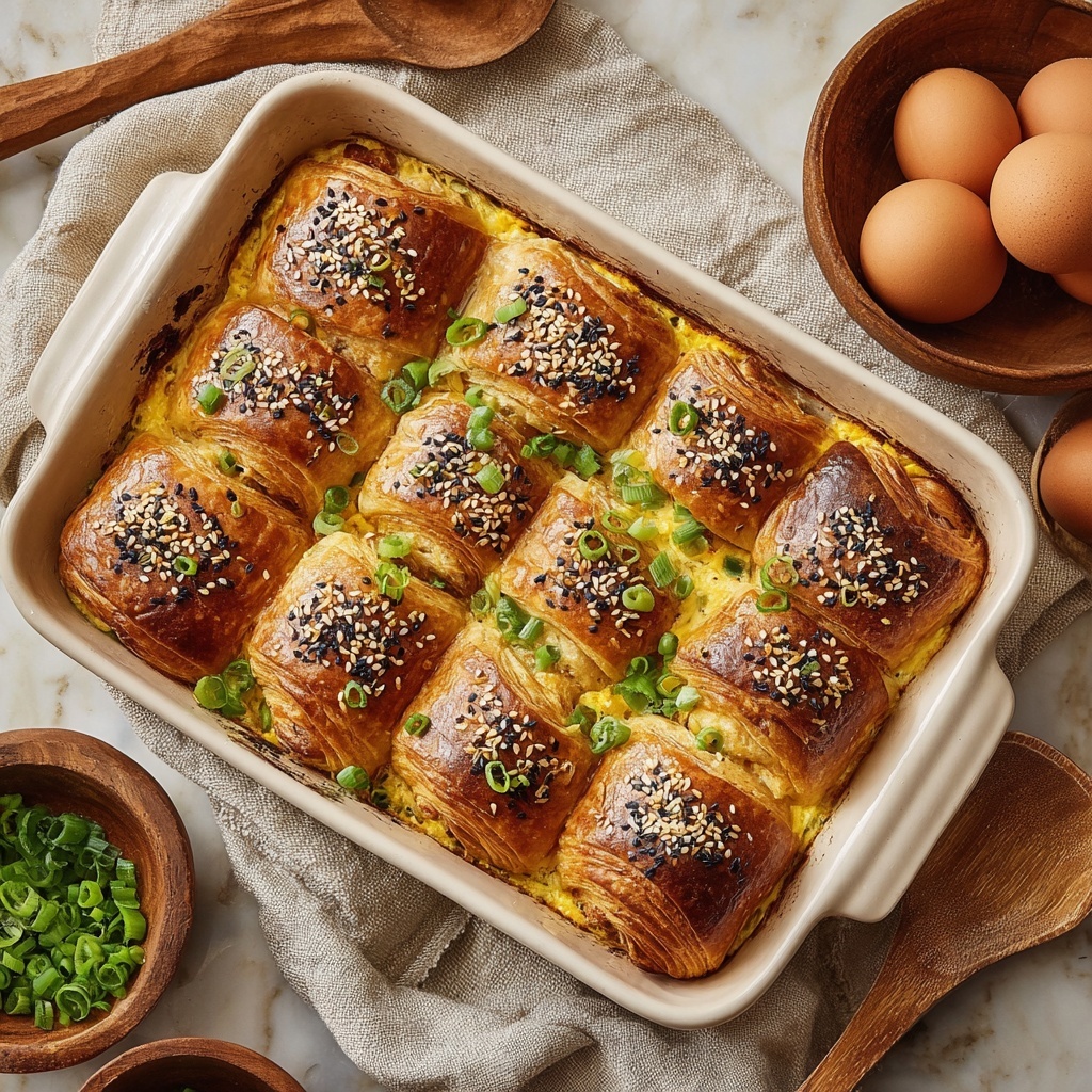 Croissant Breakfast Casserole with Sausage, Cream Cheese, and Green Onions Recipe - Recipe Image