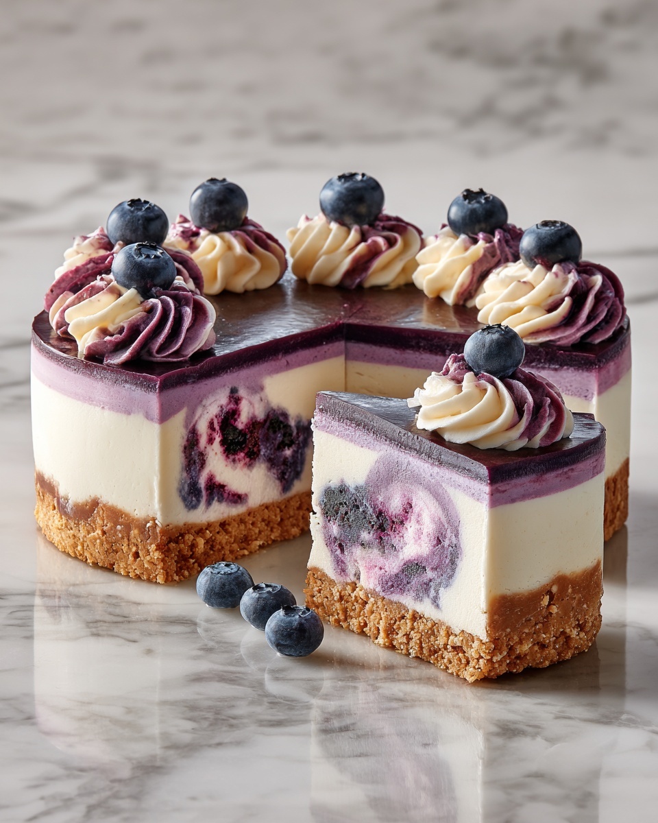Elegant White Chocolate Blueberry Swirl Cheesecake Recipe - Recipe Image